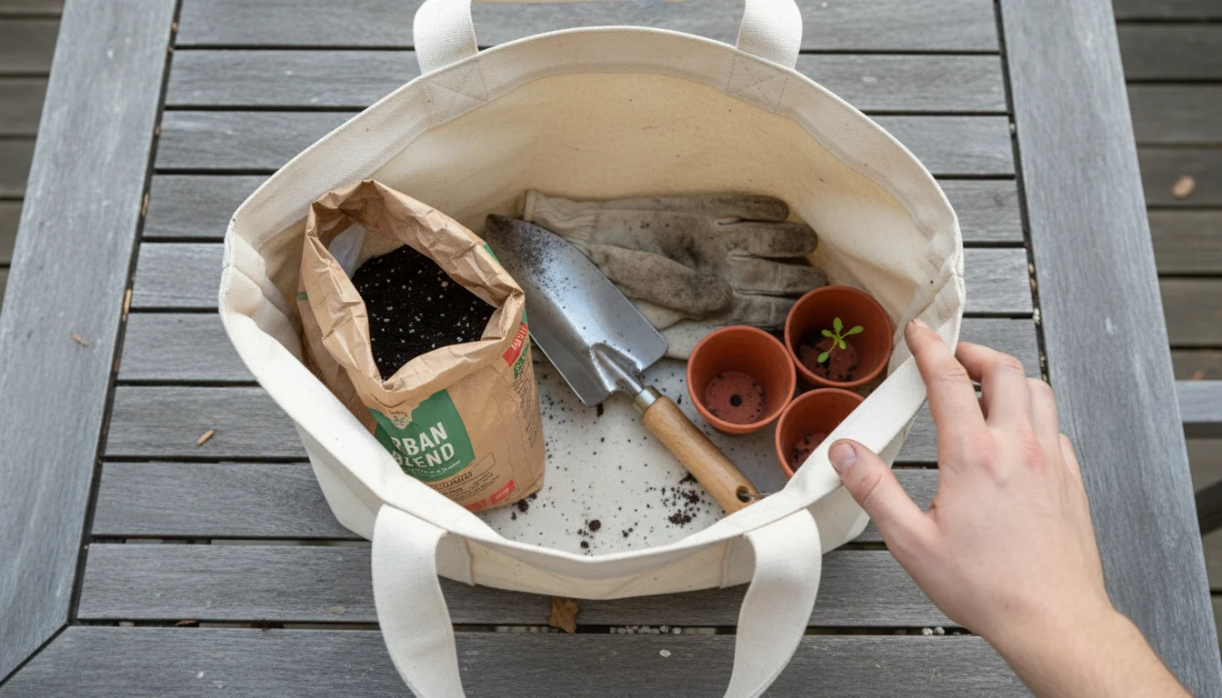 Top-down view of a canvas garden tote on a patio table, filled with a gardener's essentials including potting mix and trowel.