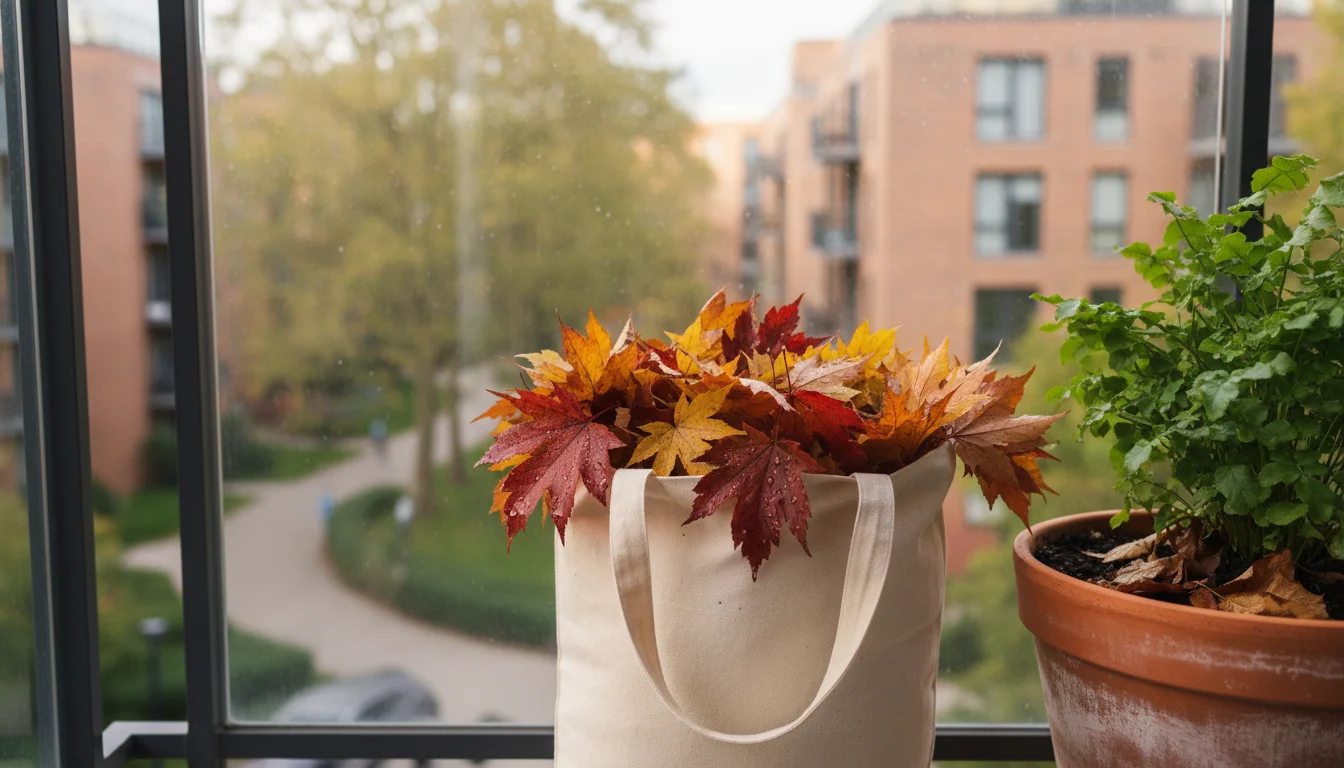 A canvas tote bag full of colorful autumn leaves sits next to a terracotta pot with a leafy plant mulched with similar leaves on a city balcony.