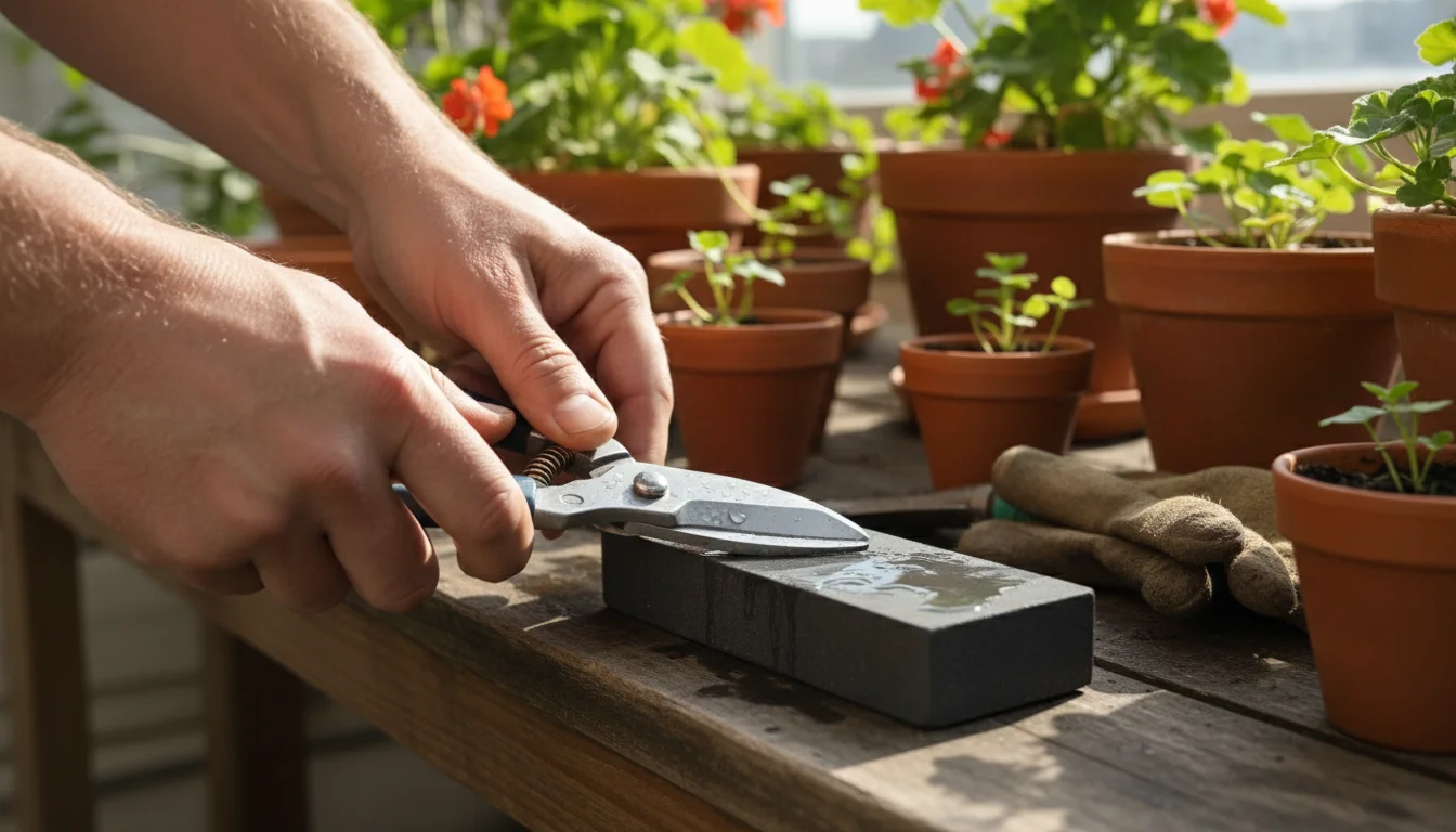 Close-up of capable hands meticulously sharpening small bypass pruners on a fine-grit stone, with blurred container plants in background.