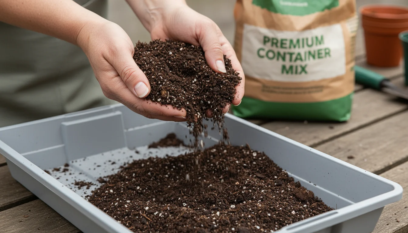 Capable hands gently sift dark, crumbly potting mix in a gray tray, emphasizing its aerated texture for container gardening.