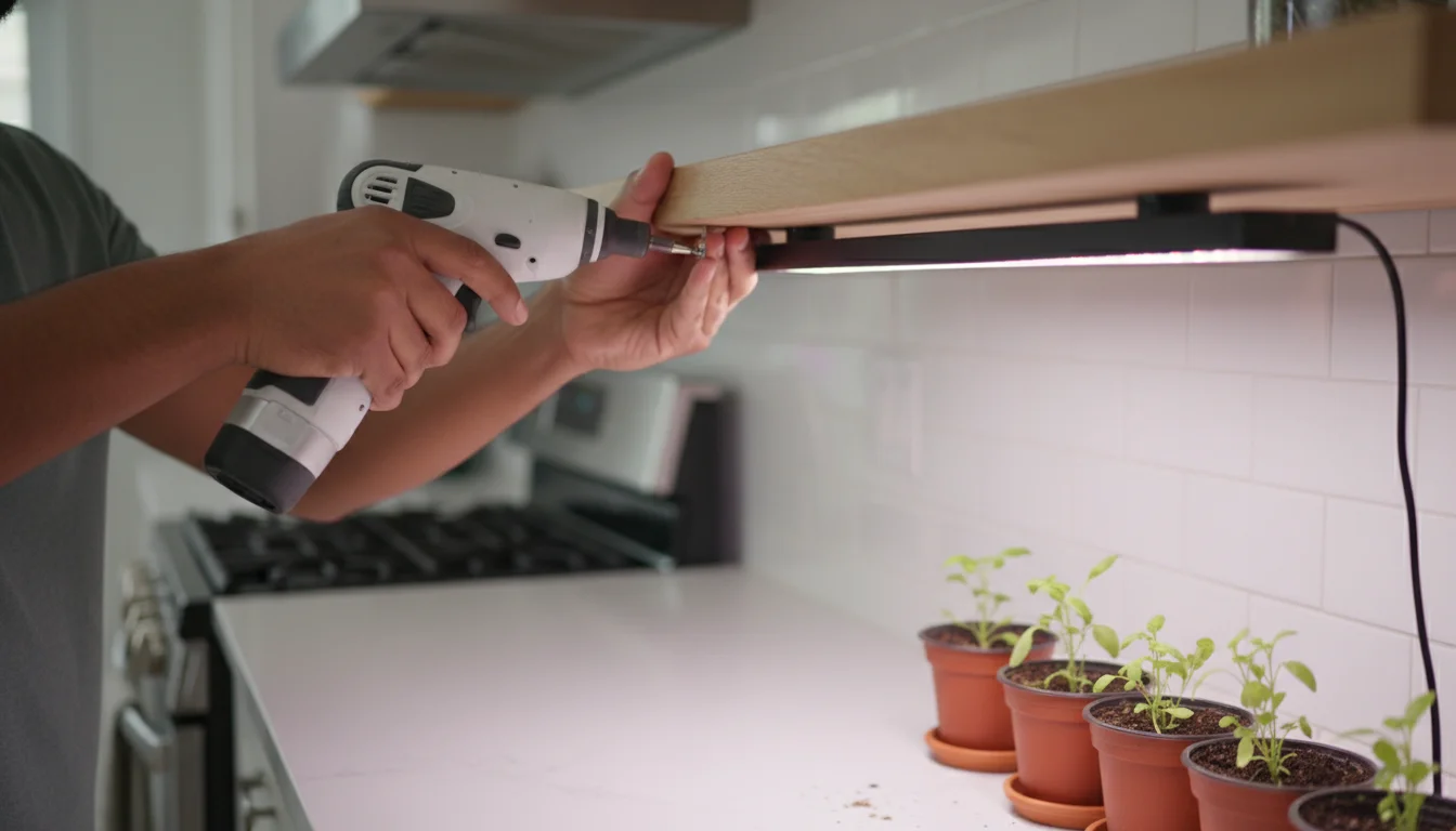 Capable hands use a cordless screwdriver to secure a slim LED grow light under a wooden kitchen shelf, above potted herbs and seedlings.