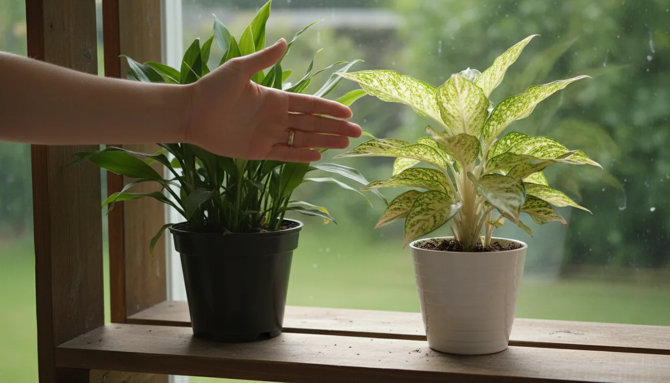 Cast Iron Plant and variegated Chinese Evergreen in pots on a wooden shelf, a hand gently touching a leaf.