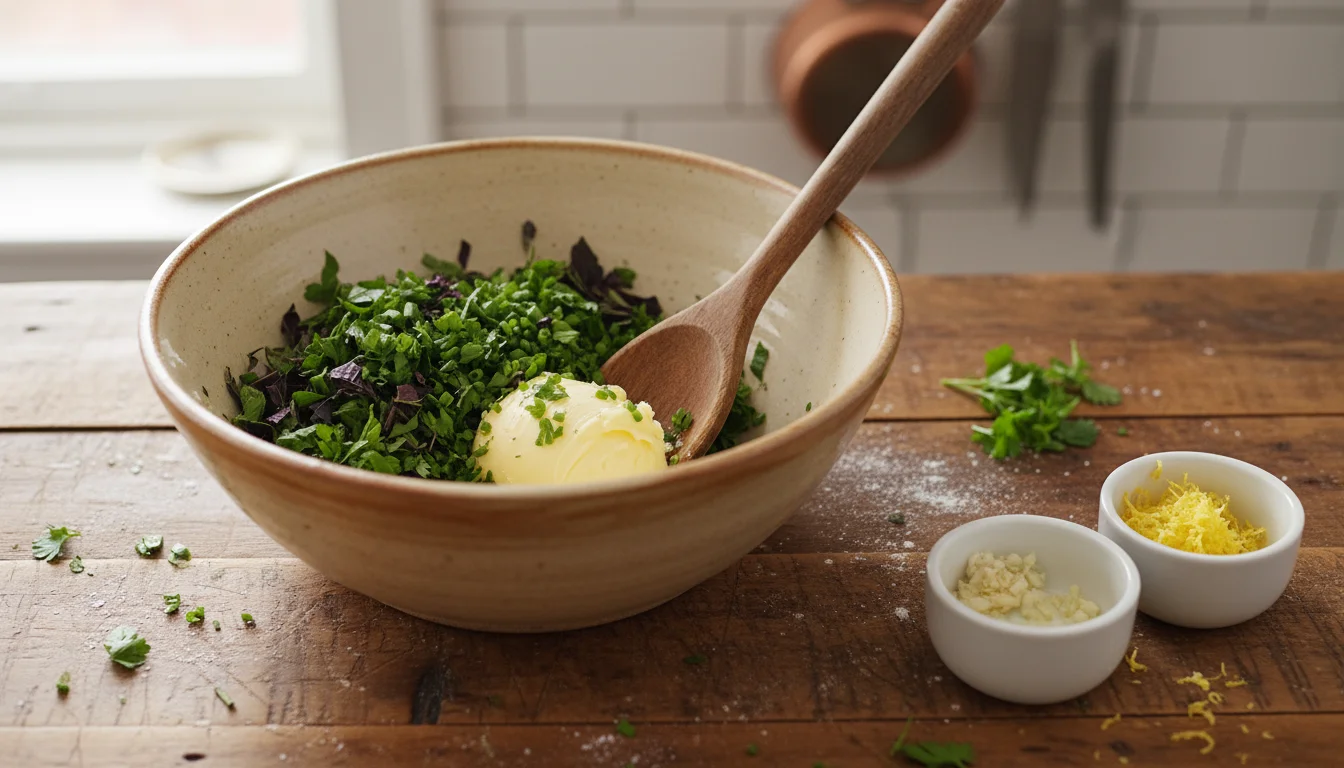 Overhead view of a ceramic bowl on a counter with softened butter, fresh chopped herbs, garlic, and lemon zest, with a spoon ready to mix.