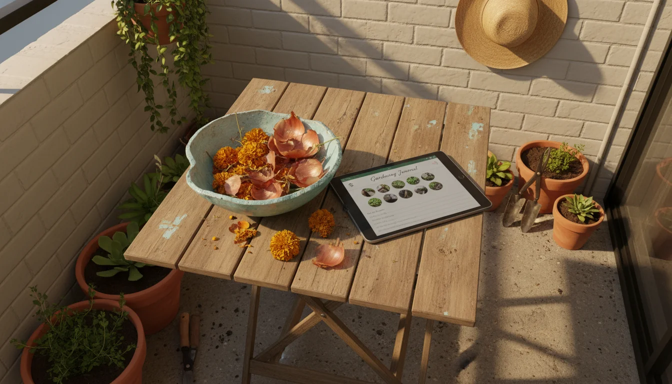 A ceramic bowl of dried marigold heads and onion skins on a wooden balcony table, next to a tablet displaying a dye article and cotton fabric scraps.