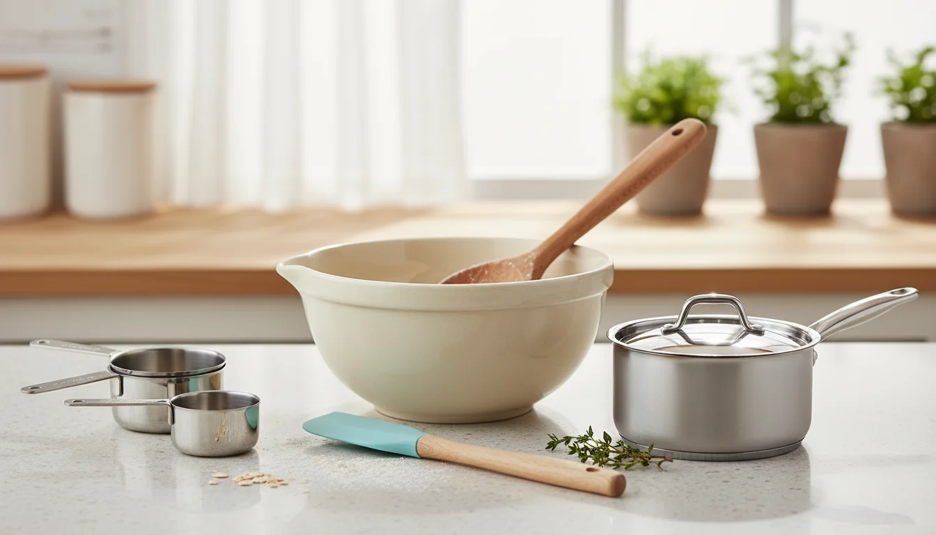A ceramic mixing bowl, wooden spoon, metal measuring cups, silicone spatula, and saucepan arranged on a kitchen counter.