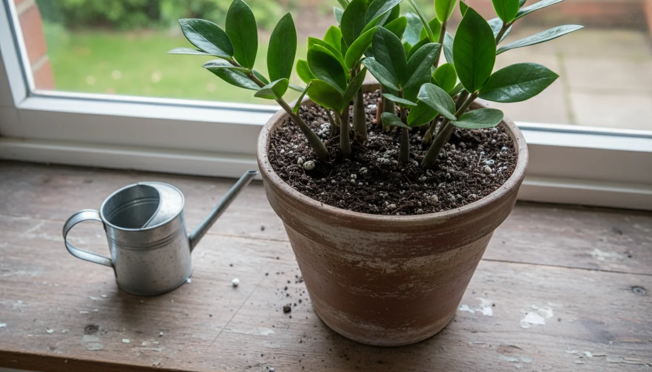 Medium ceramic pot with a lush ZZ plant, its soil overfilled to the brim, leaving little room for watering.