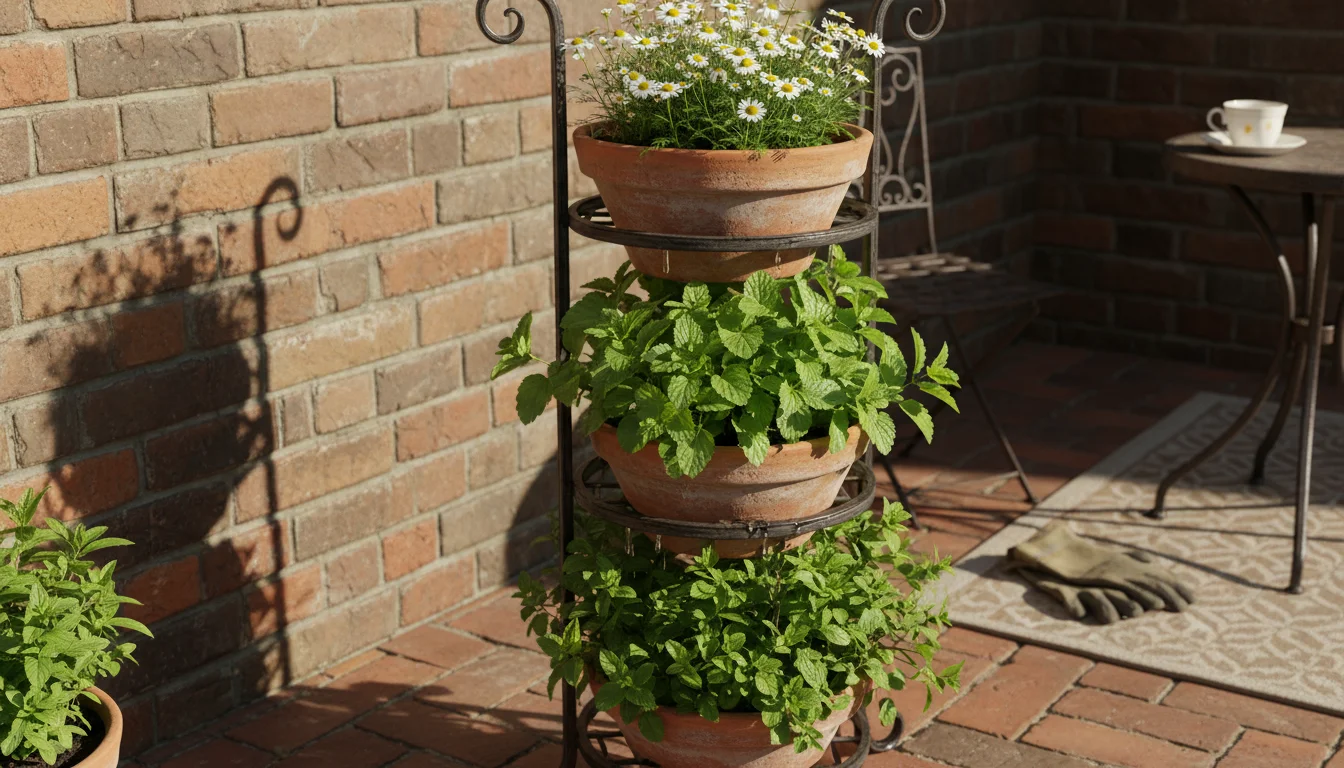 Chamomile, lemon balm, and spearmint in terracotta pots on a three-tiered vertical metal planter against a brick wall on a patio.