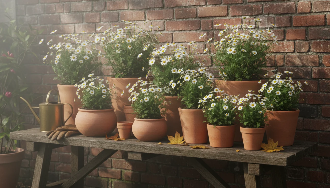 Chamomile plants in blooming terracotta pots arranged on a wooden garden bench against a red brick wall, with a small watering can.