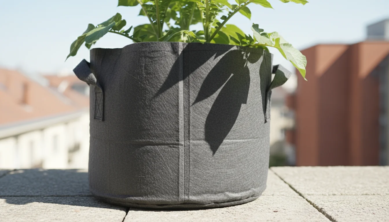 Medium close-up of a charcoal fabric grow bag on an urban balcony, sunlight creating dappled shadows on its breathable texture.
