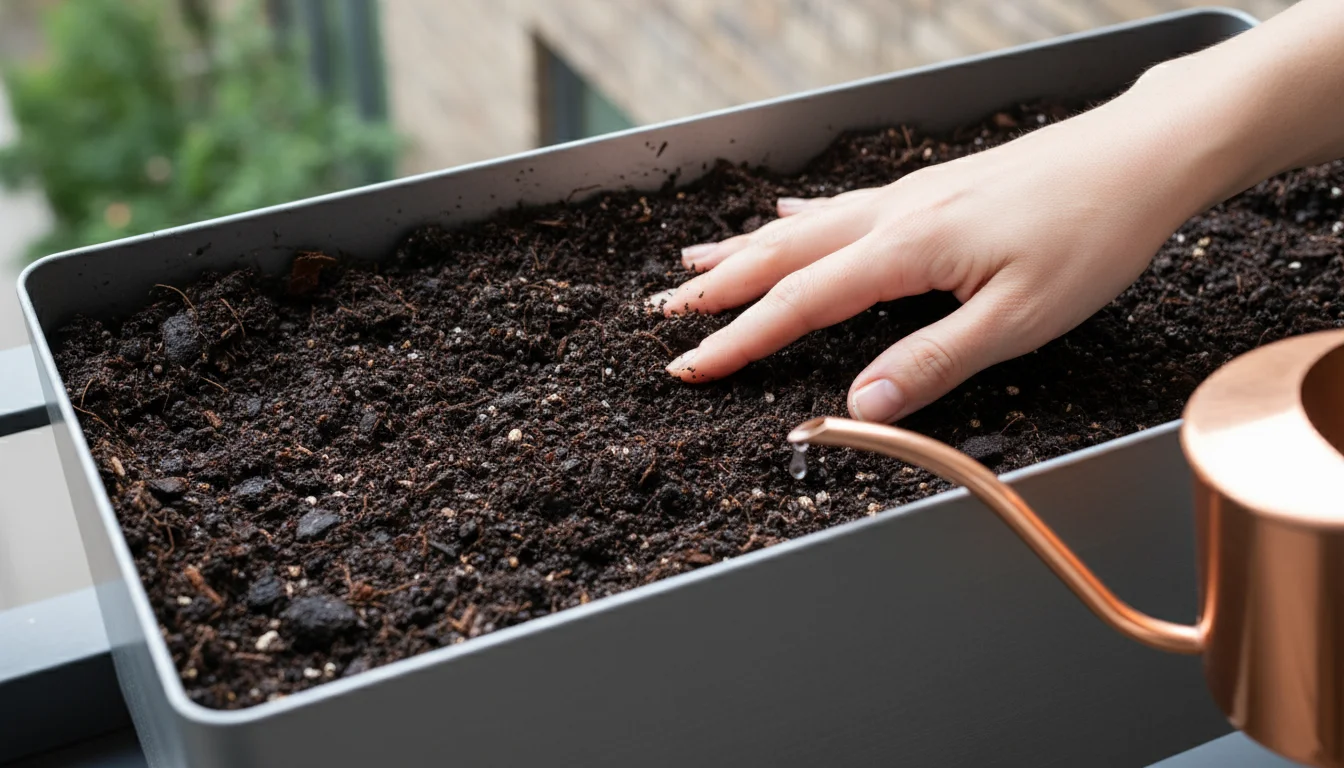Close-up of a charcoal-grey window box filled with dark, moist soil. A bare hand gently touches the soil, with a copper watering can nearby.