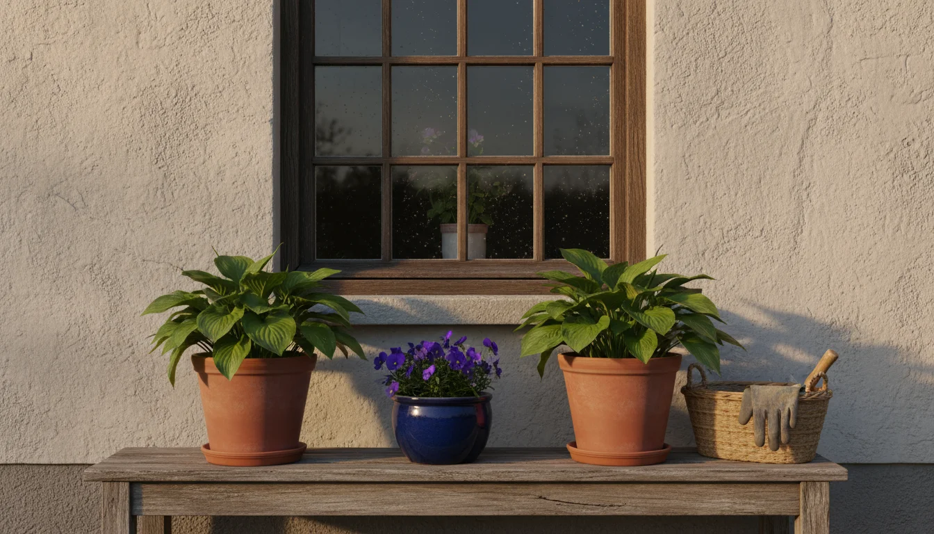 A charming casement window in a stucco wall, enhanced by a weathered wooden bench holding various potted plants under warm afternoon light.