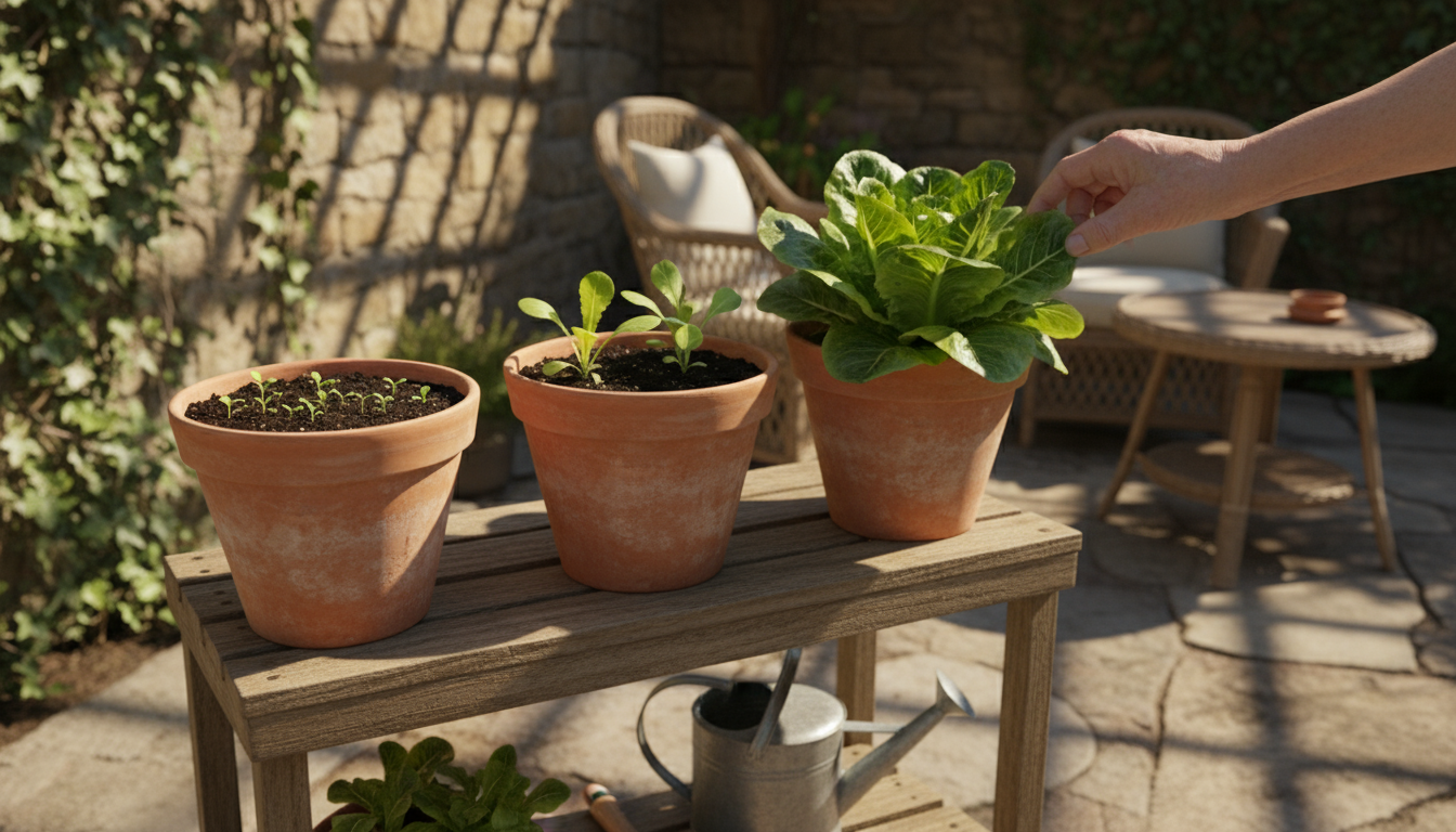 Vibrant, compact apartment balcony garden featuring tiered planters, hanging baskets, and various potted plants. A senior man sips coffee, enjoying th