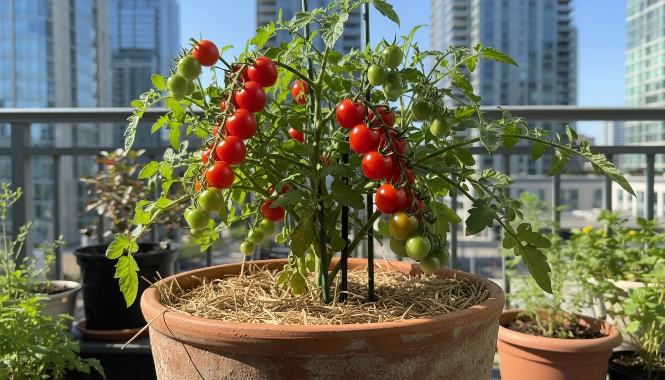 A cherry tomato plant in a terracotta pot on a balcony, featuring a black drip irrigation line and shredded straw mulch.