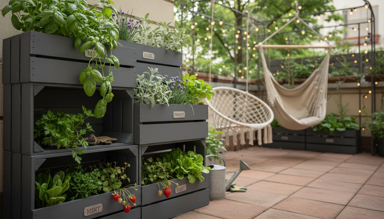 A chic vertical garden on an urban patio, made from stacked charcoal gray crates filled with herbs and strawberries. A person thoughtfully observes a