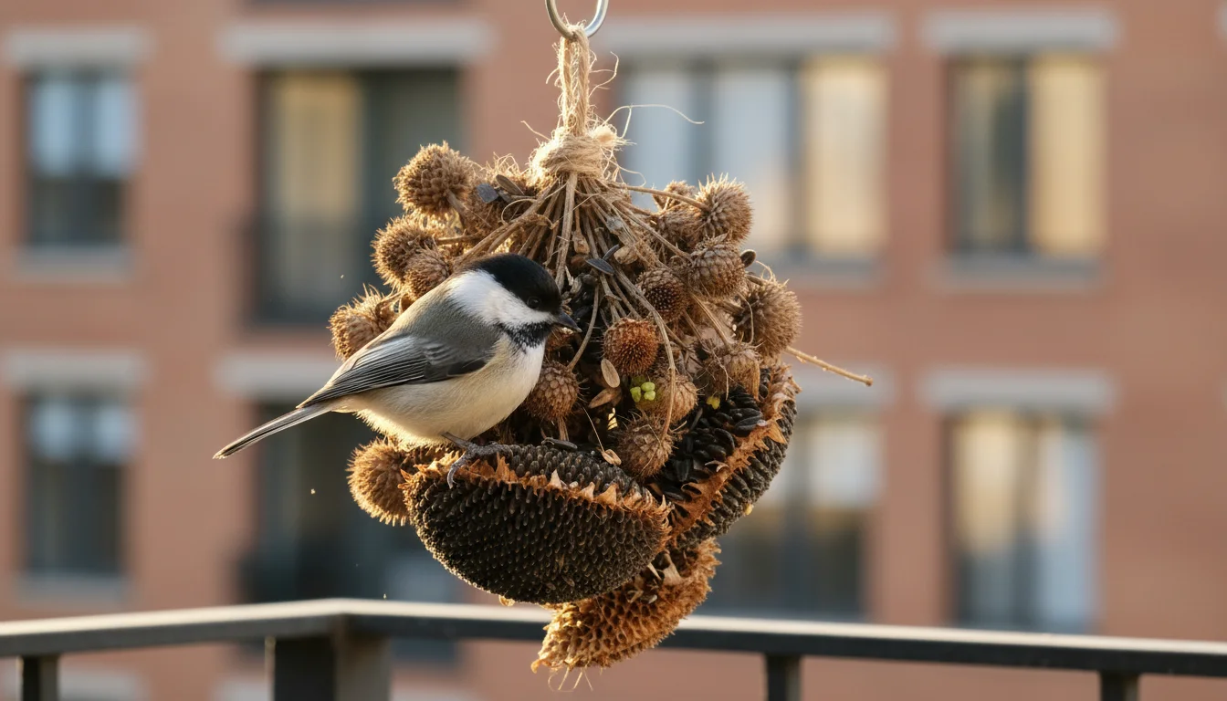A chickadee feeds from a rustic bird feeder made of dried sunflowers and seed heads on an urban balcony.
