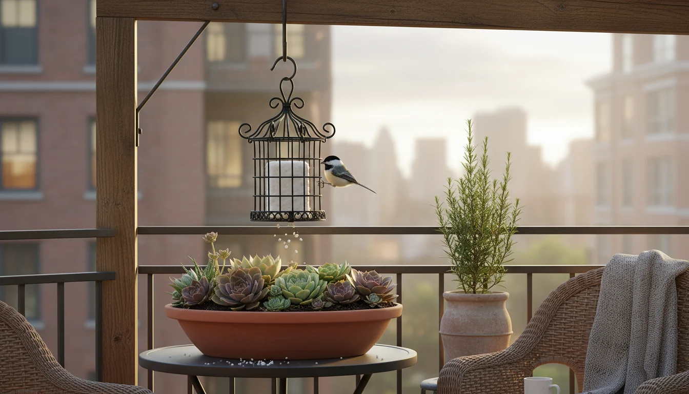 A chickadee feeds from a suet feeder hanging directly over a wide terracotta planter with succulents on a lush, plant-filled urban balcony.