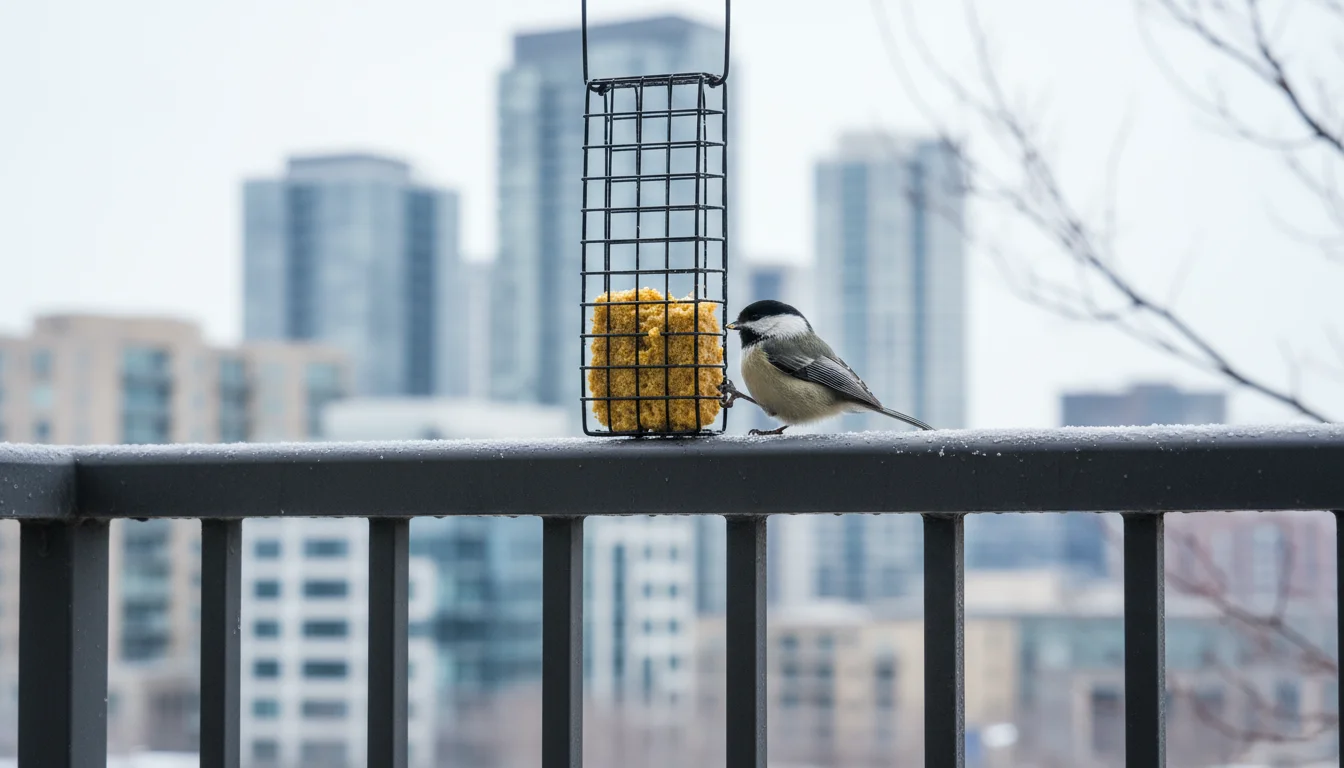 A chickadee pecks at a no-melt suet cake in a wire feeder hanging on a frosted urban balcony railing in winter.