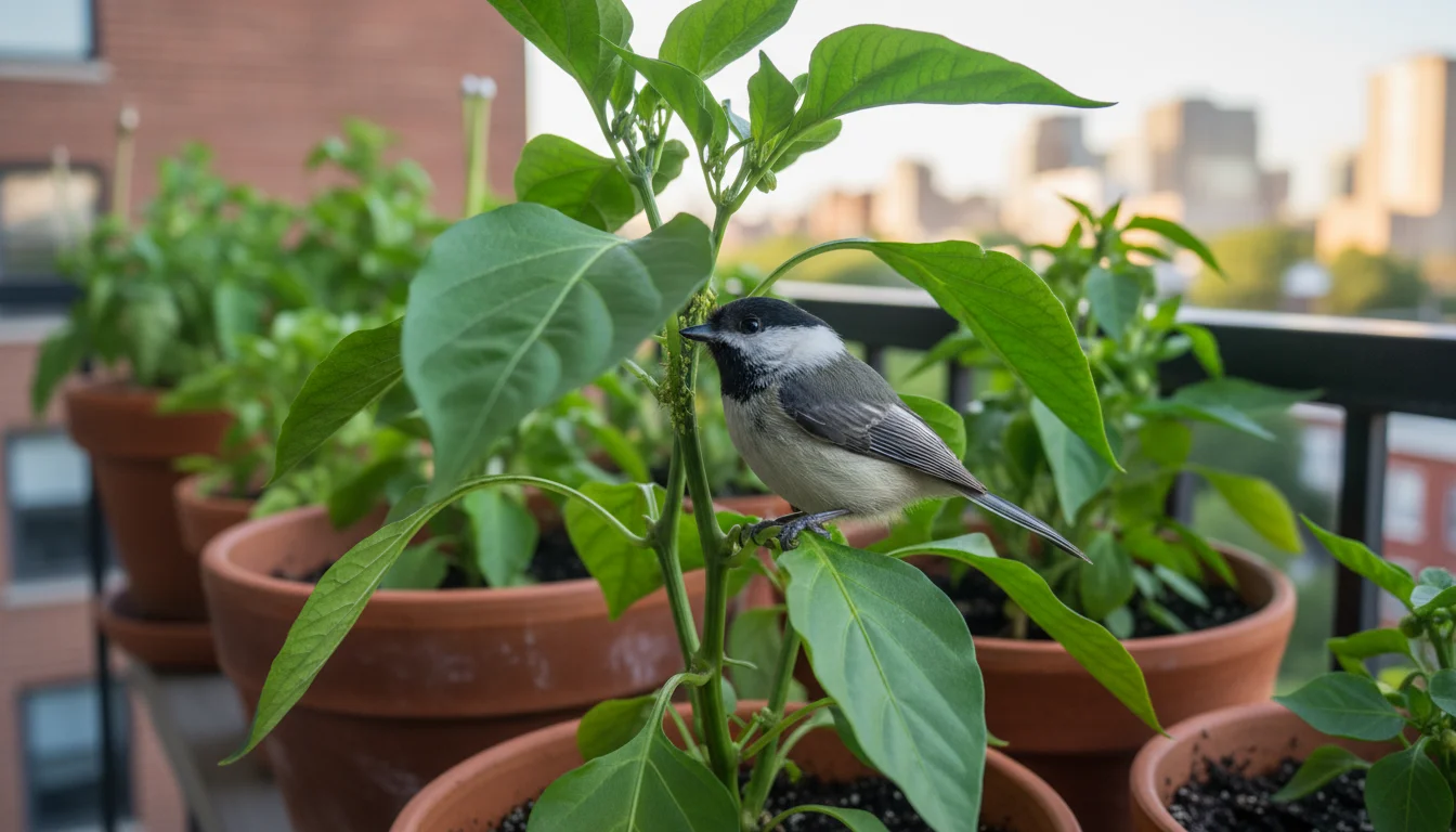 A chickadee perches on a bell pepper plant leaf in a terracotta pot on a balcony, actively foraging for pests.