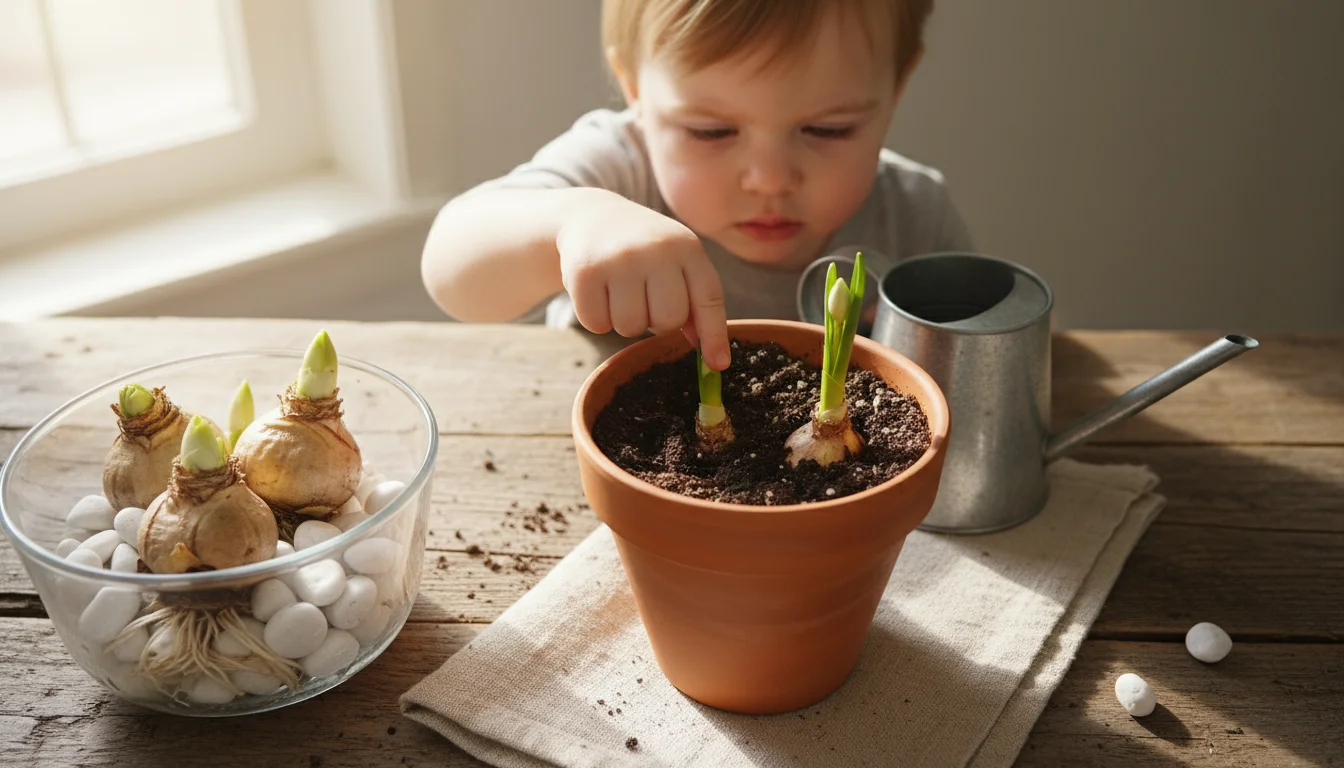 A child's hand checks soil moisture in a terracotta pot with paperwhite shoots, next to a glass bowl of bulbs in water.