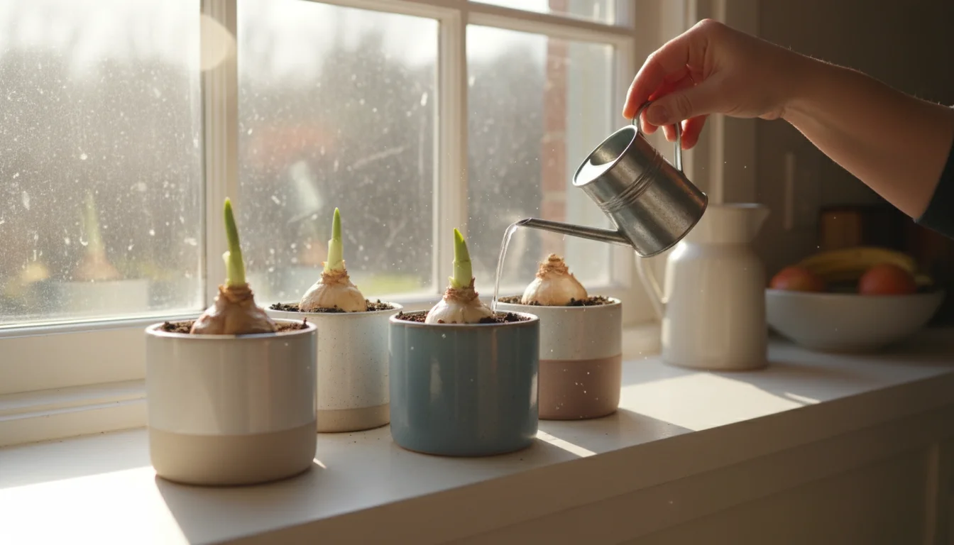 A child's hand waters emerging paperwhite shoots in small pots on a sunlit windowsill.