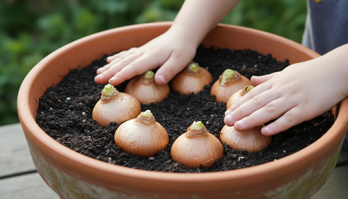 A child's hands gently patting dark soil around several light brown paperwhite bulbs in a terracotta pot, with bulb tips exposed.
