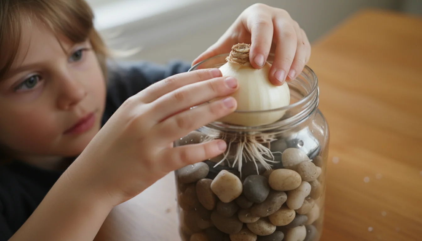 Child's hands carefully placing a white paperwhite bulb into a clear glass jar with river stones.