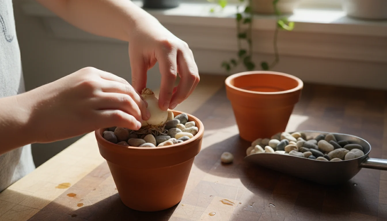 Child's hands carefully placing a white paperwhite bulb into a small terracotta pot filled with river pebbles on a sunny kitchen counter.