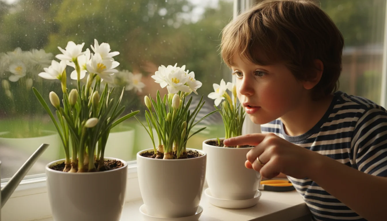 A child intently observes blooming white paperwhite flowers in ceramic pots on a bright kitchen windowsill, with an adult's hand nearby.
