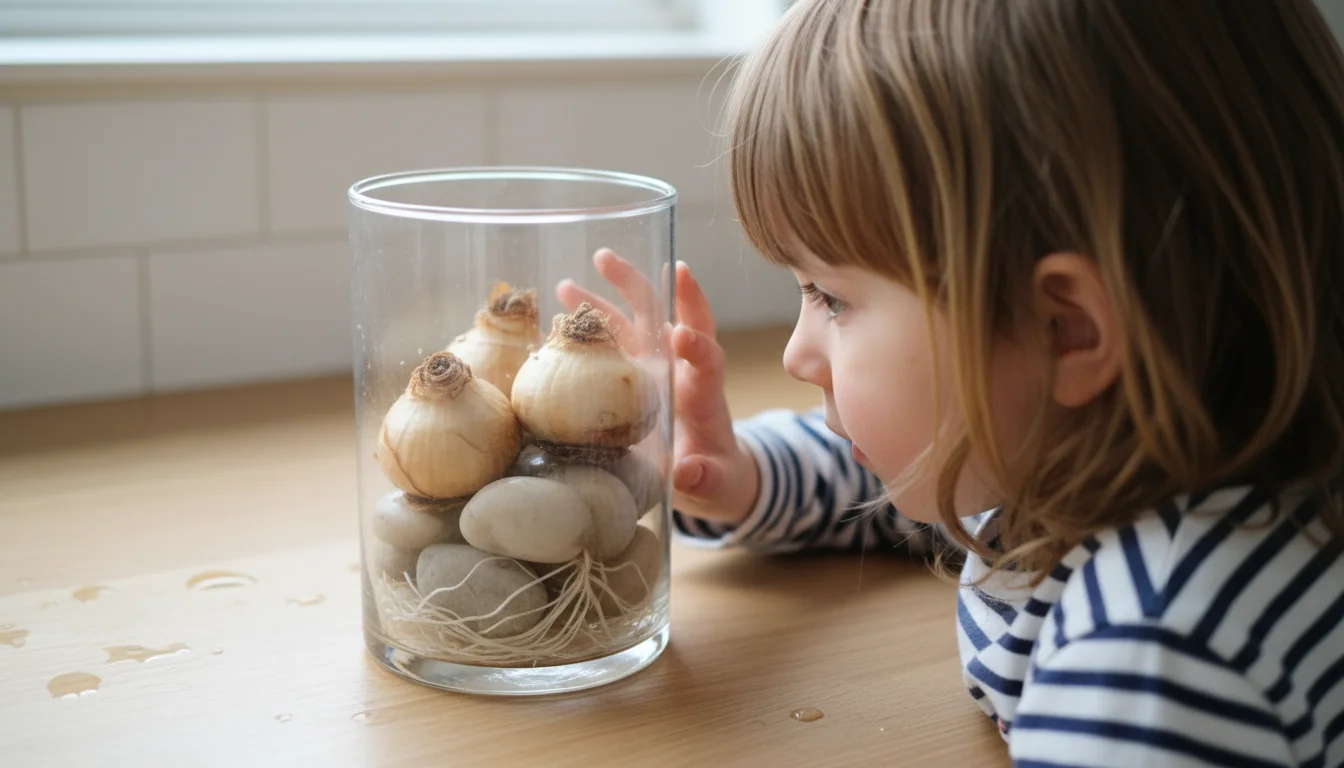 A child intently observes paperwhite bulbs with visible roots growing in water and stones inside a clear glass vase on a counter.