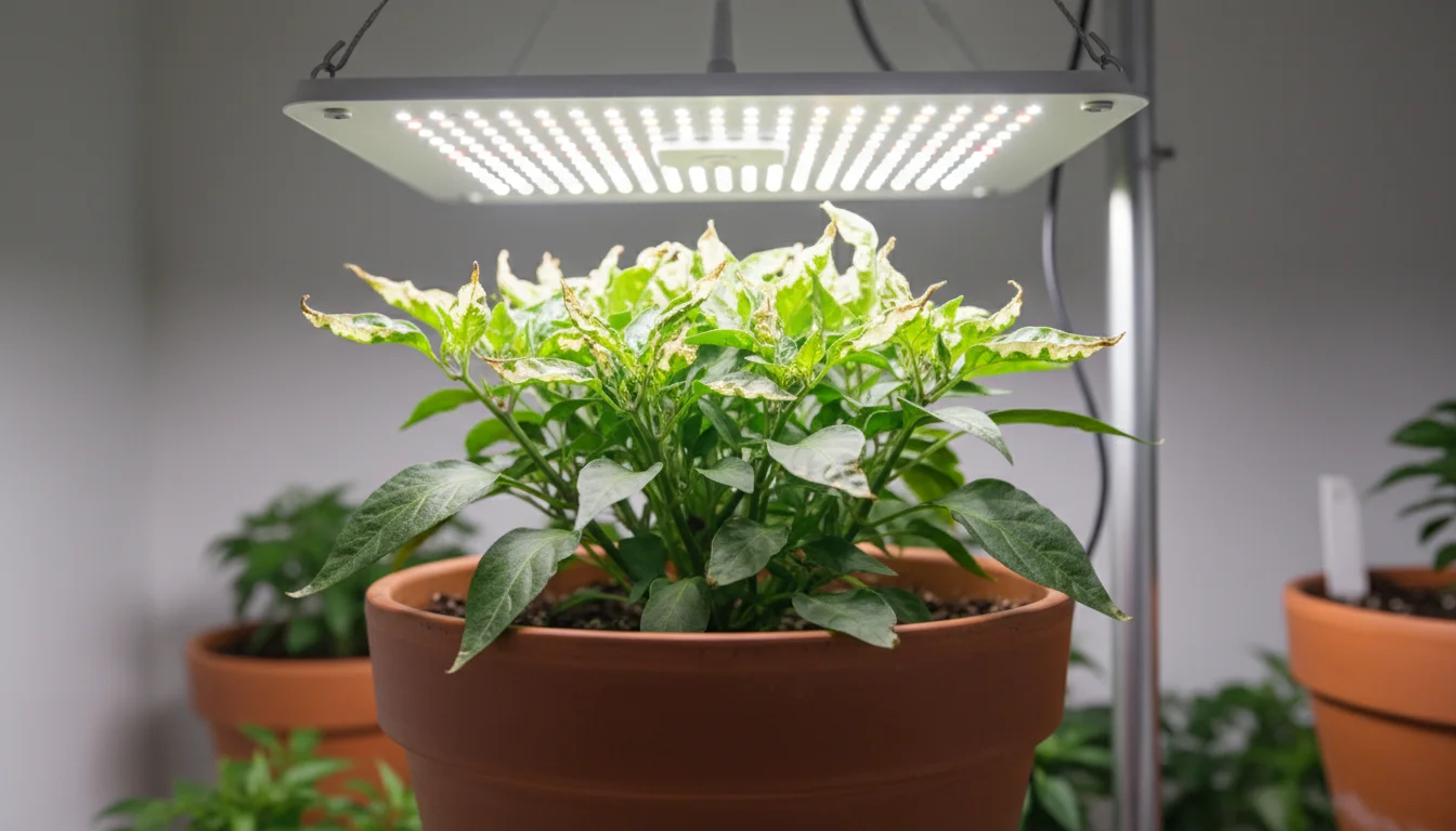 Close-up of a chili pepper plant with sun-bleached, pale yellow leaves and crispy brown tips under an LED grow light.