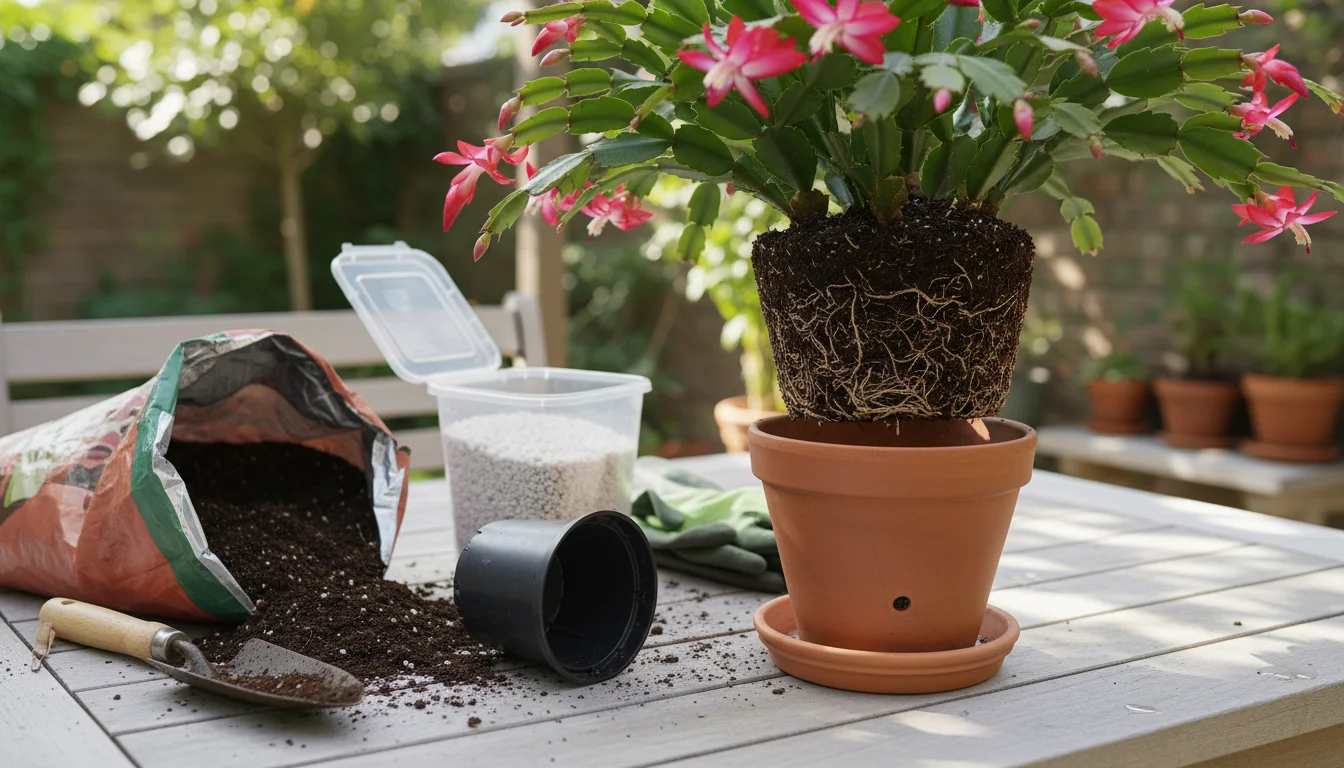 A Christmas cactus with its root ball exposed, suspended just above a new terracotta pot, with potting mix and perlite on a wooden table.