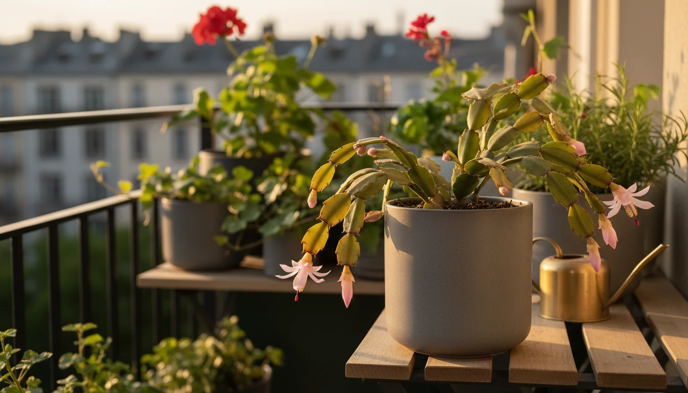 A Christmas Cactus with shriveled, thin segments sits in a grey pot on a wooden balcony shelf during golden hour, showing signs of underwatering.