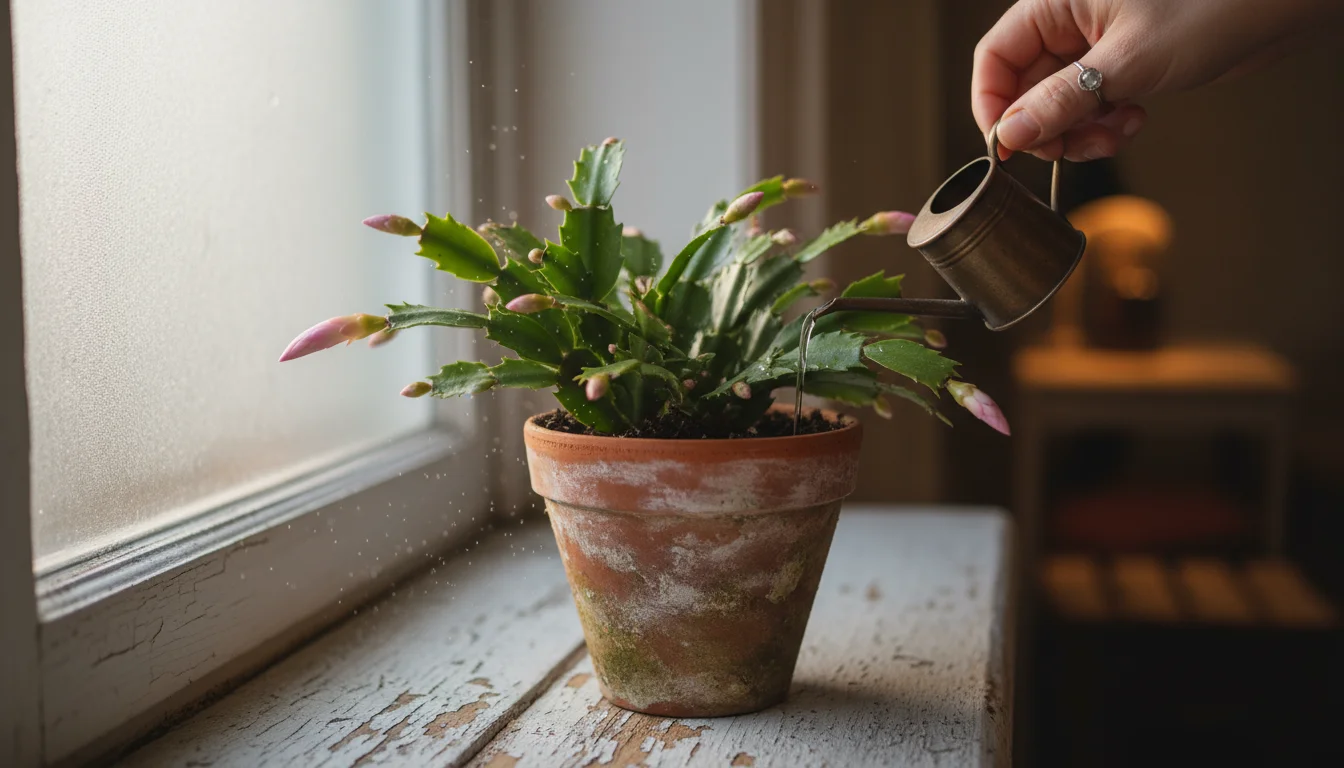 Close-up of a Christmas Cactus with small flower buds on a windowsill as a hand waters it.