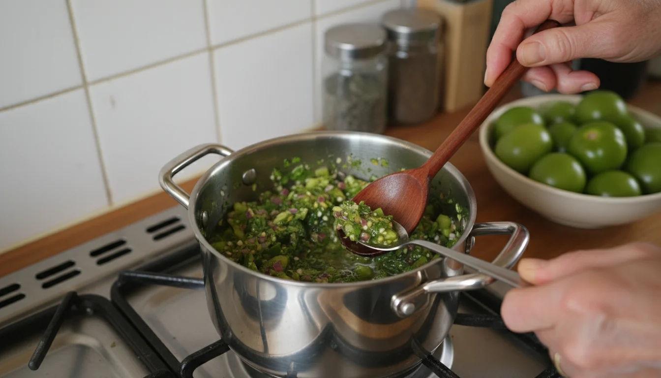Close-up of chunky green tomato relish bubbling gently in a small pot on a stove, being stirred by a hand with a wooden spoon.