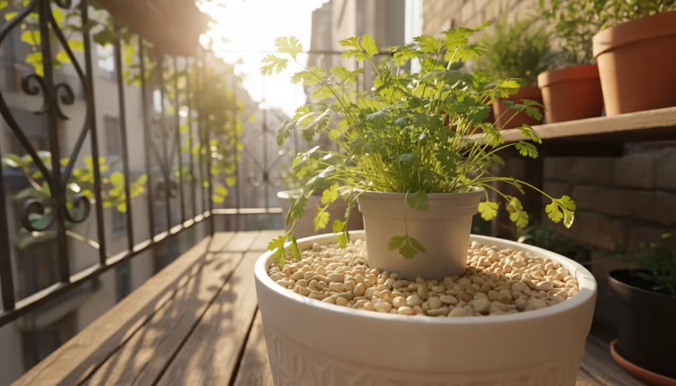 Cilantro plant in a light plastic pot, double-potted in an off-white ceramic planter with pea gravel mulch, on a sunny patio.