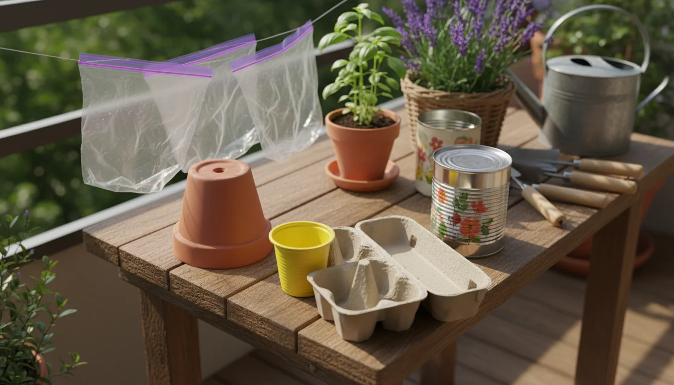 Clean, air-drying Ziplock bags and diverse repurposed containers with drainage holes on a potting bench, ready for small-space seed starting.