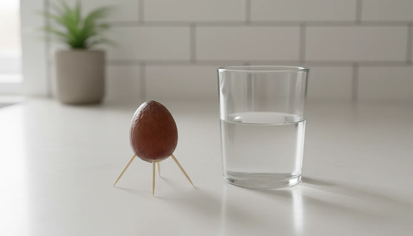 A clean avocado pit with three toothpicks inserted, positioned next to a clear glass of water on a kitchen counter.