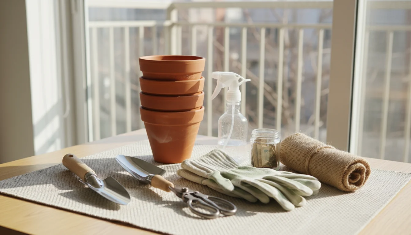 Clean balcony gardening tools and supplies, including stacked pots, trowel, and seed packets, laid out on a mat with a notebook.