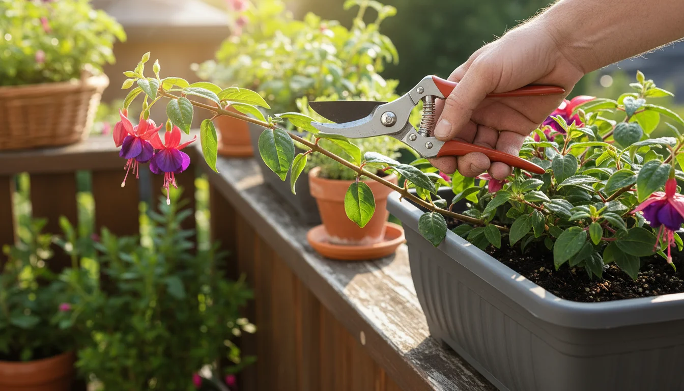 Close-up of clean bypass pruners cutting a leggy fuchsia stem in a container on a sunny balcony railing.