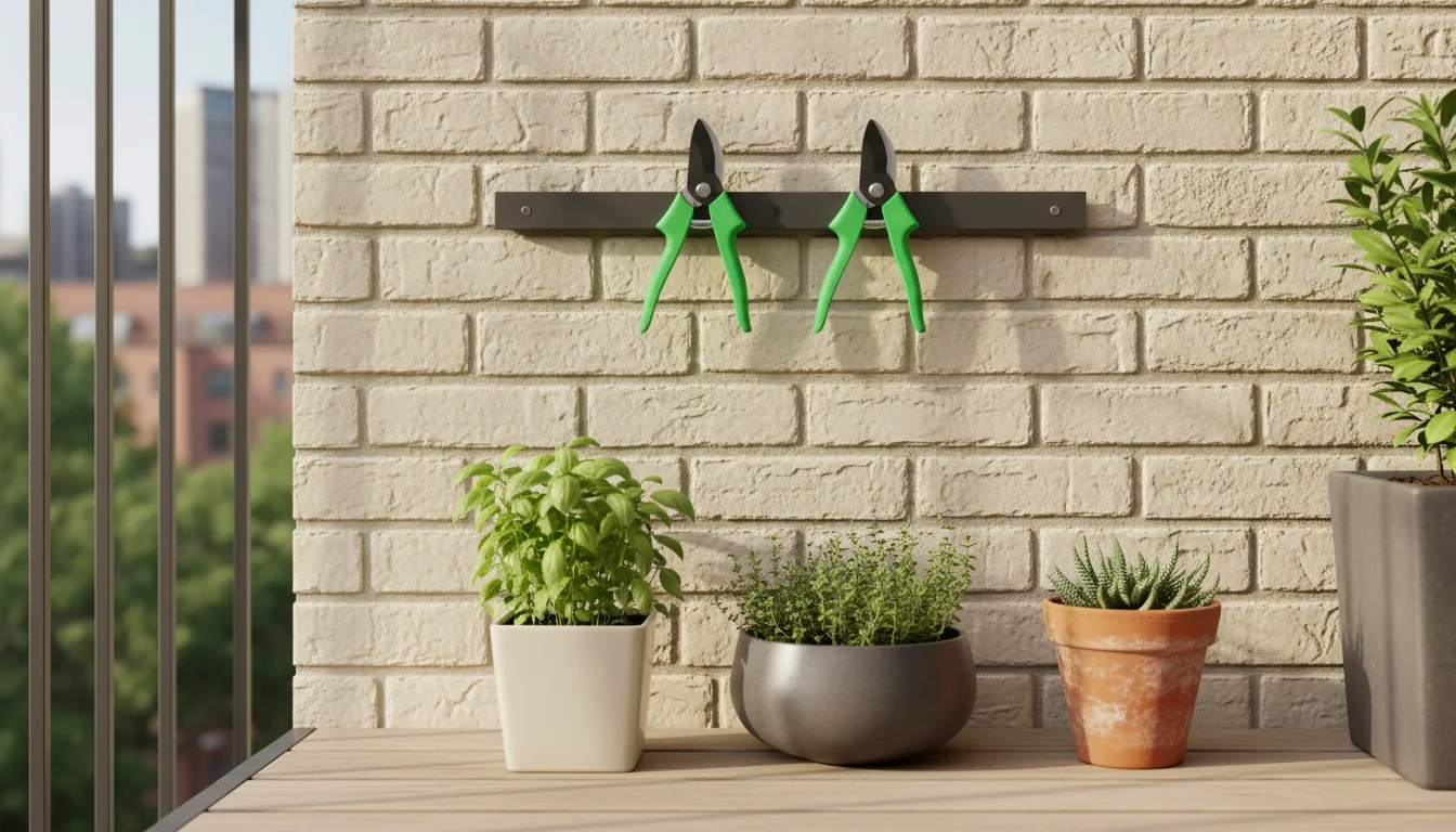 Clean bypass pruners stored on a magnetic strip on a painted brick balcony wall amidst potted herbs and a tomato plant, showcasing small-space organiz