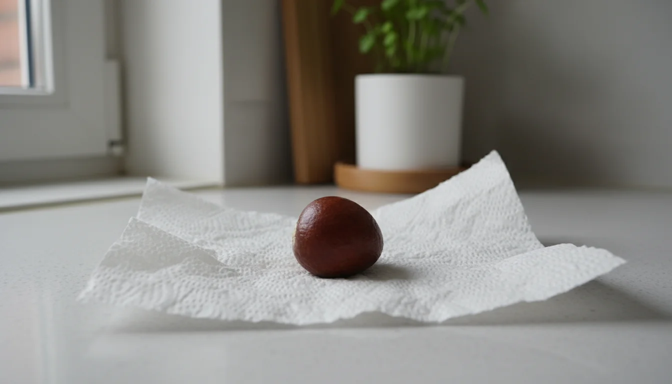 Clean, slightly damp avocado pit resting on a crumpled white paper towel on a kitchen counter, with a blurred herb plant in background.