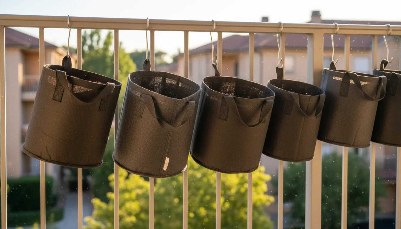 Clean, empty fabric grow bags of various sizes drying in bright sunlight on a metal balcony railing after being washed.