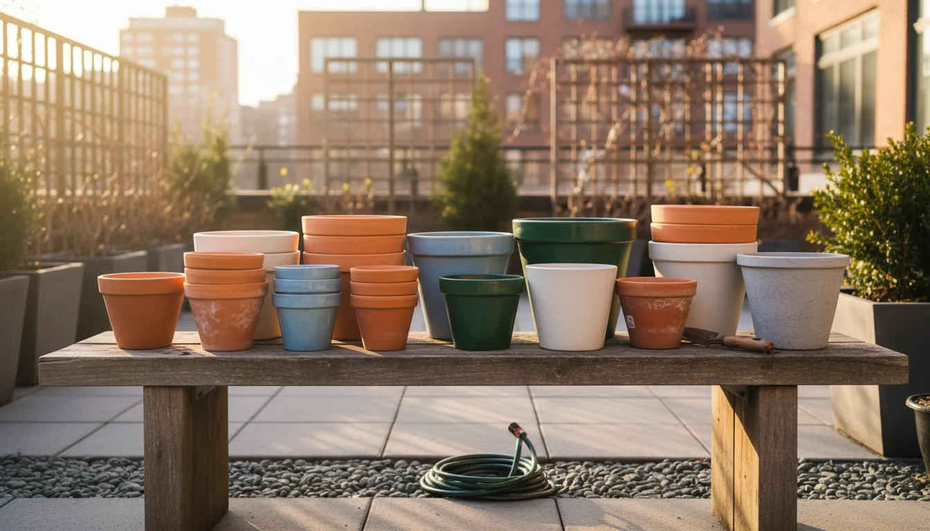 Clean, empty garden pots stacked on a wooden bench on an urban patio, glowing in warm evening light, with a trowel nearby.