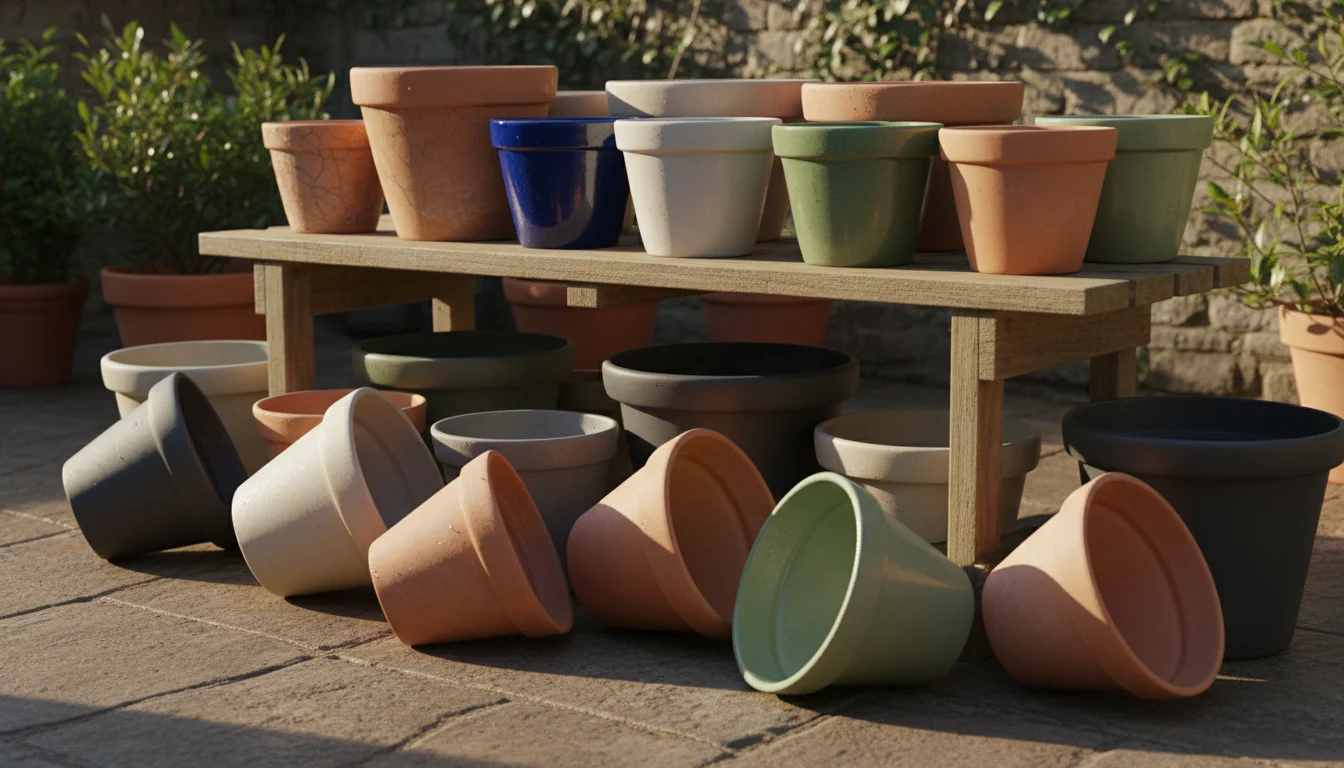 Clean, empty terracotta, glazed, and plastic garden pots drying on a weathered wooden bench on a sunny patio.