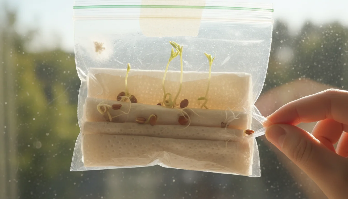 Close-up of clean fingers gently unzipping a ziplock bag taped to a sunlit window, revealing germinating seeds and a tiny patch of early mold.
