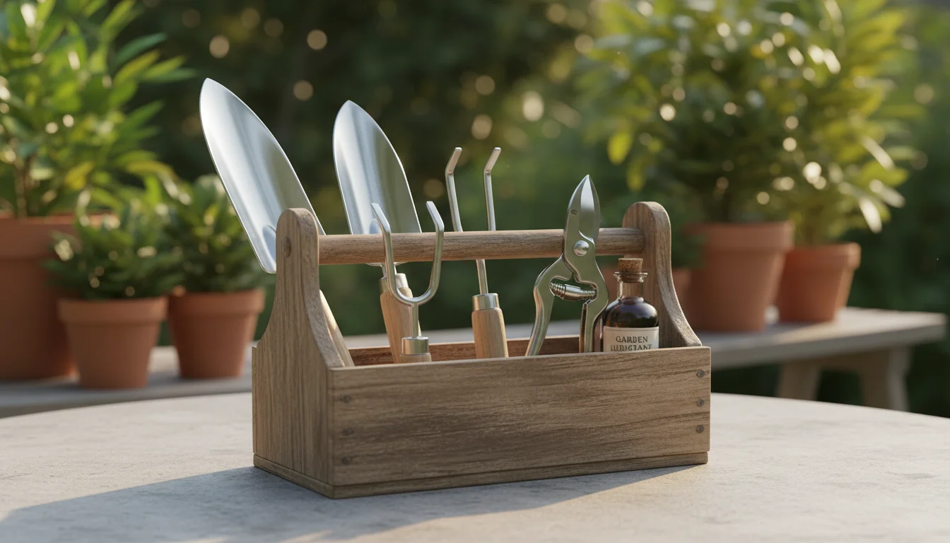 Clean gardening tools—trowel, cultivator, pruners—neatly arranged in a wooden caddy on a patio table with oil bottle, soft lighting, and blurred plant