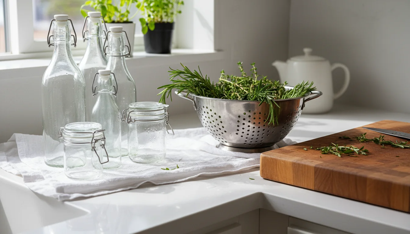 Clean glass swing-top bottles, jars, a colander with fresh thyme and rosemary, cutting board, knife, funnel, sieve, and labels on a counter.