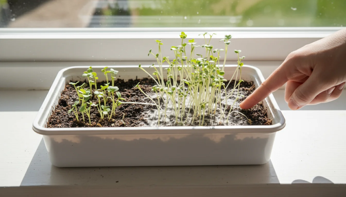 A clean hand points to leggy, pale microgreens with faint fuzzy mold in a white tray on a sunlit windowsill.