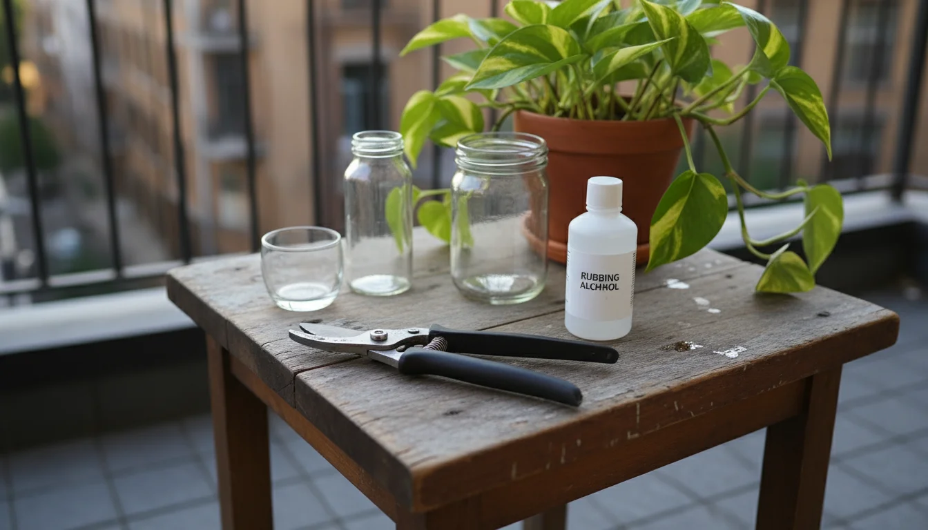 Clean hand pruners, rubbing alcohol, and various empty glass jars on a rustic wooden table, with a healthy Pothos plant nearby.