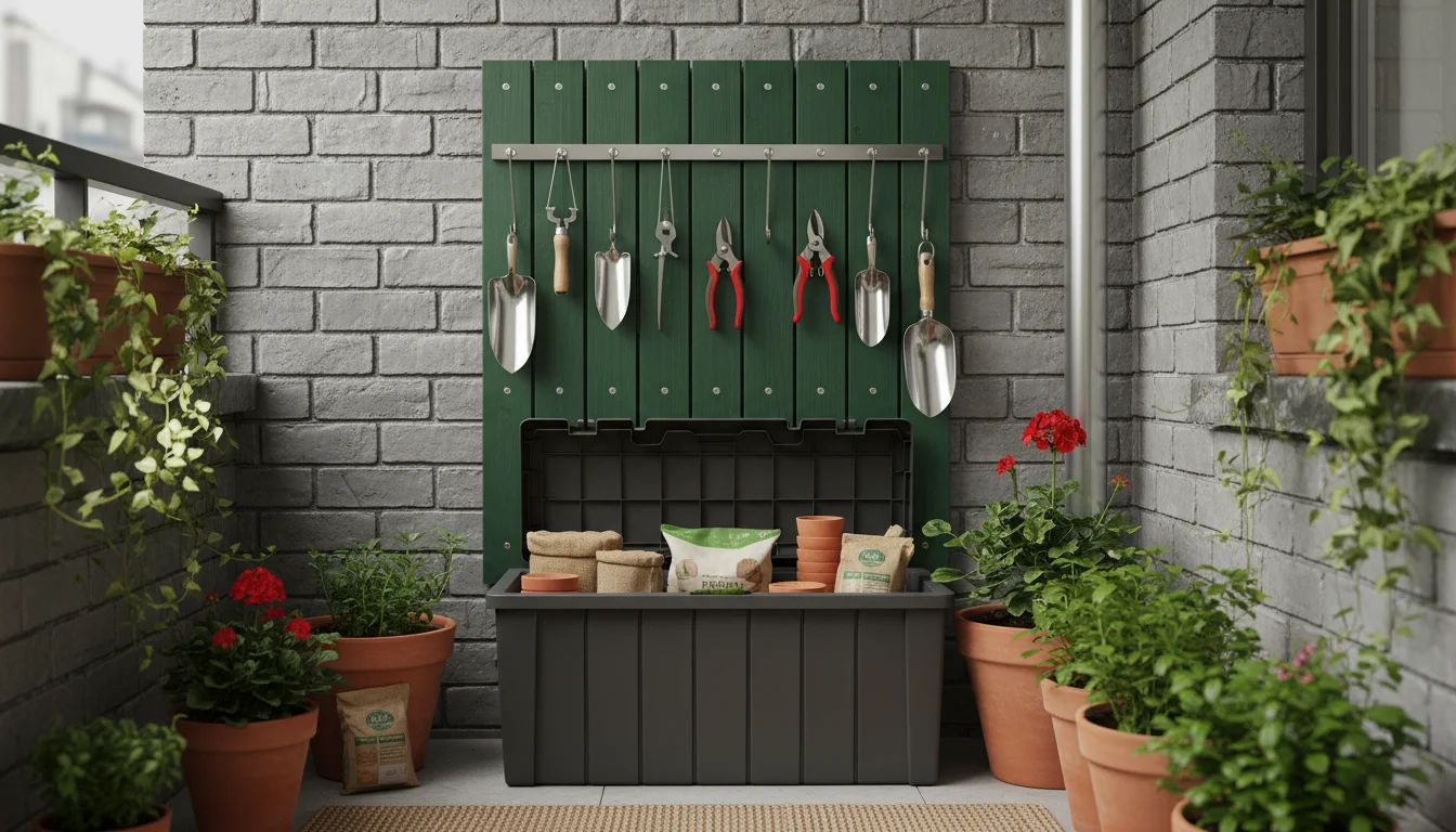 Clean hand trowel, pruners, and soil scoop neatly hung on a vertical wall organizer on a small urban patio.